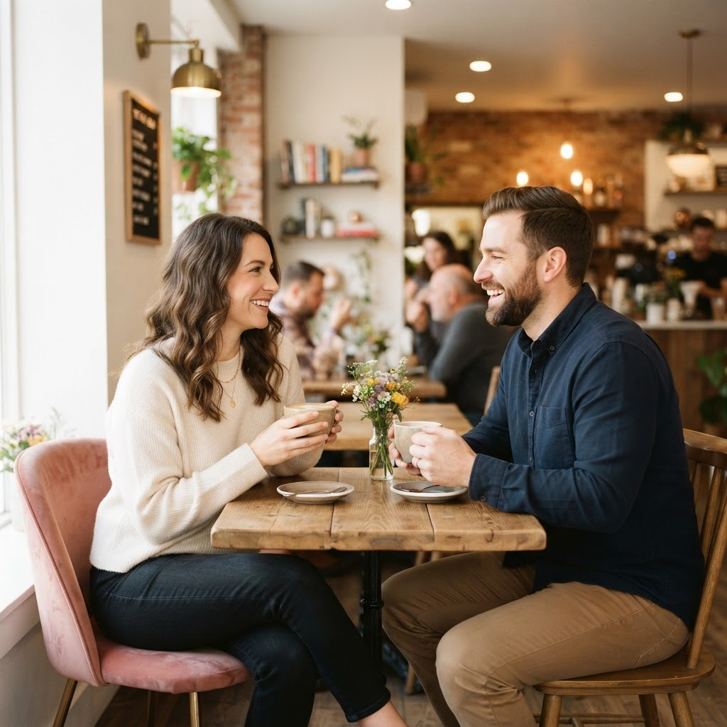 Zwei Menschen trinken lächelnd gemeinsam Kaffee in einem gemütlichen Café