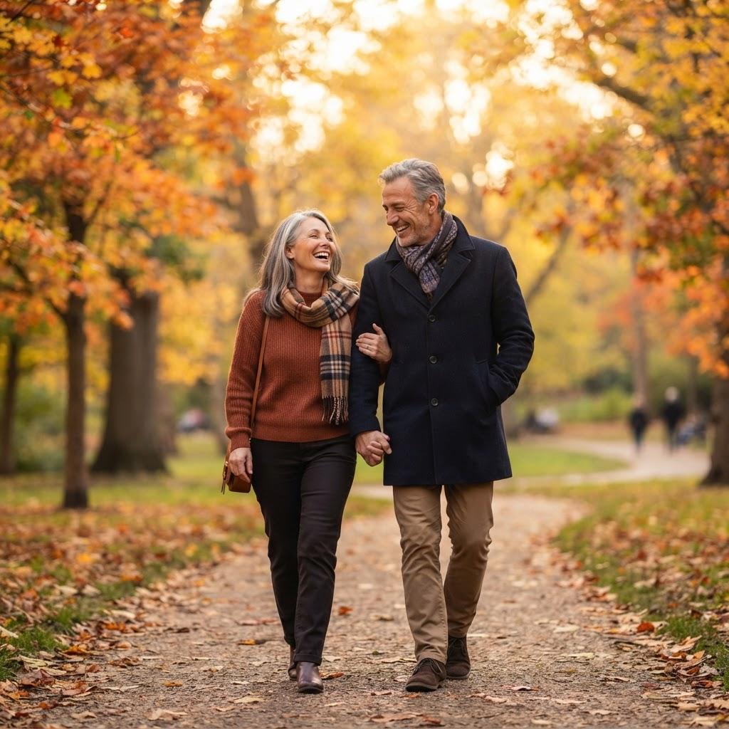 Ein glückliches Paar spaziert gemeinsam durch einen herbstlichen Park